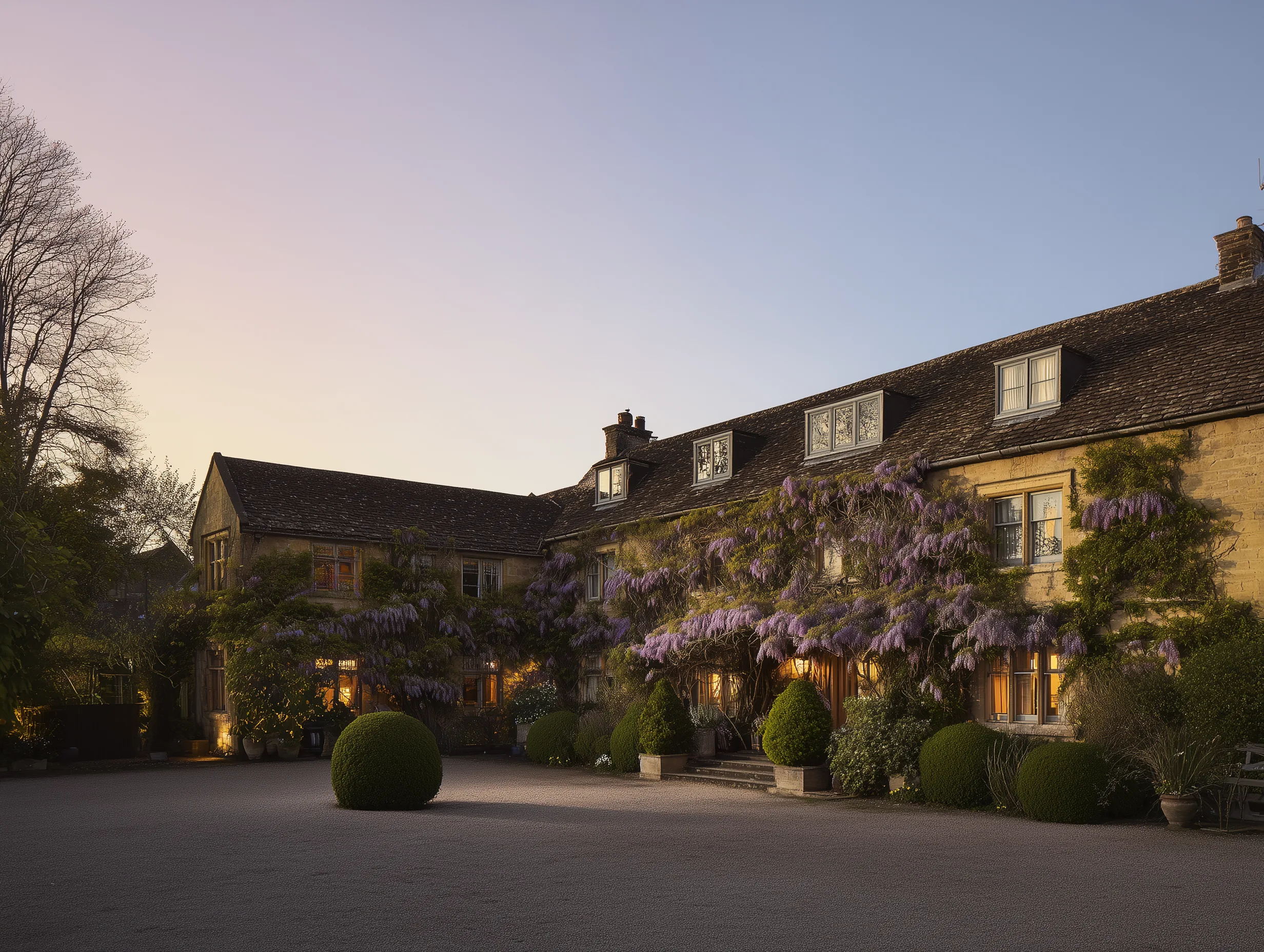 Boutique English countryside hotel at golden hour